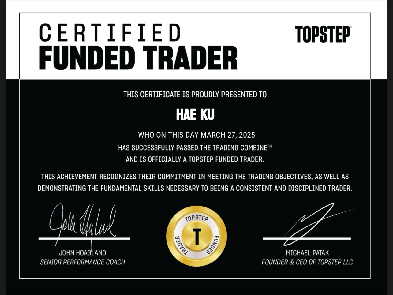 Topstep Certified Funded Trader certificate for student Hae Ku