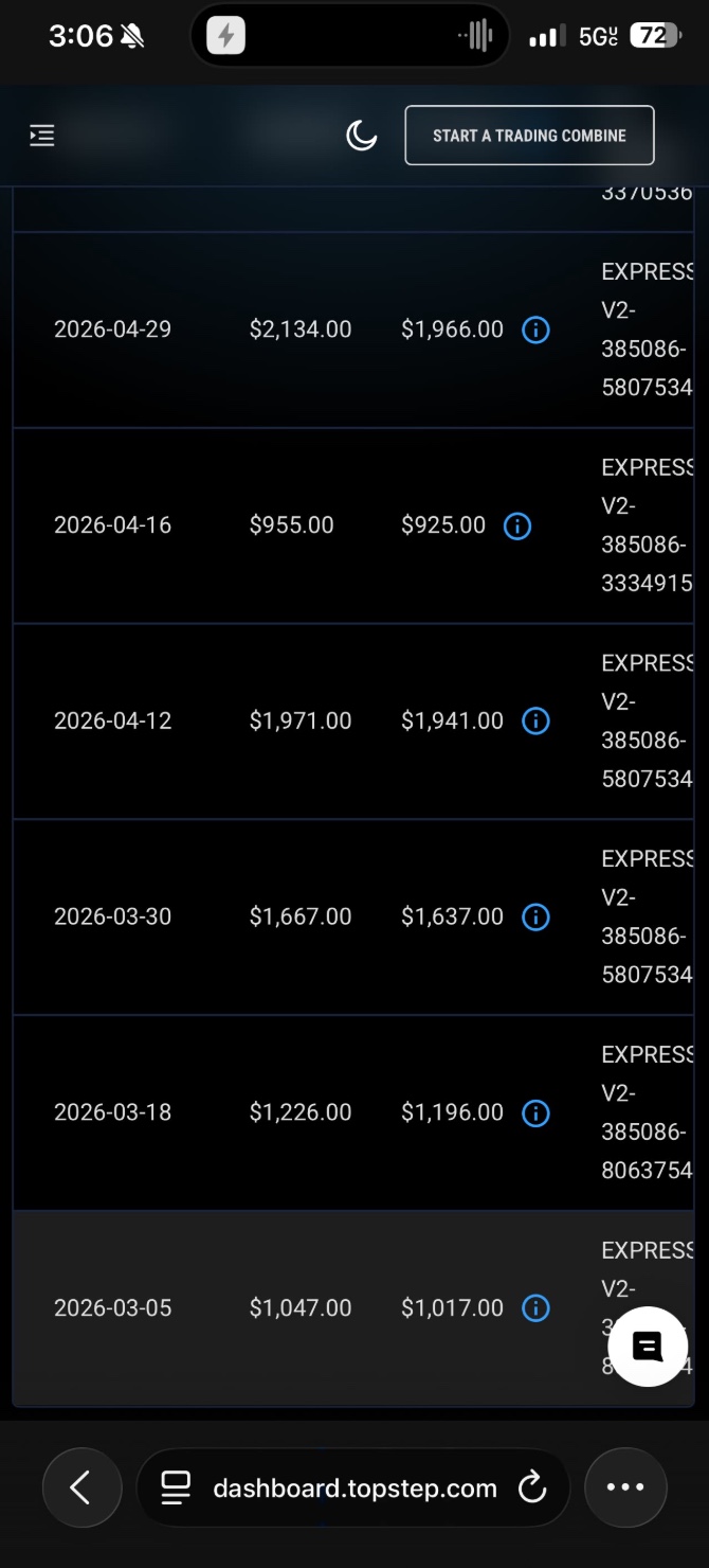 Topstep payout history showing repeated student payouts